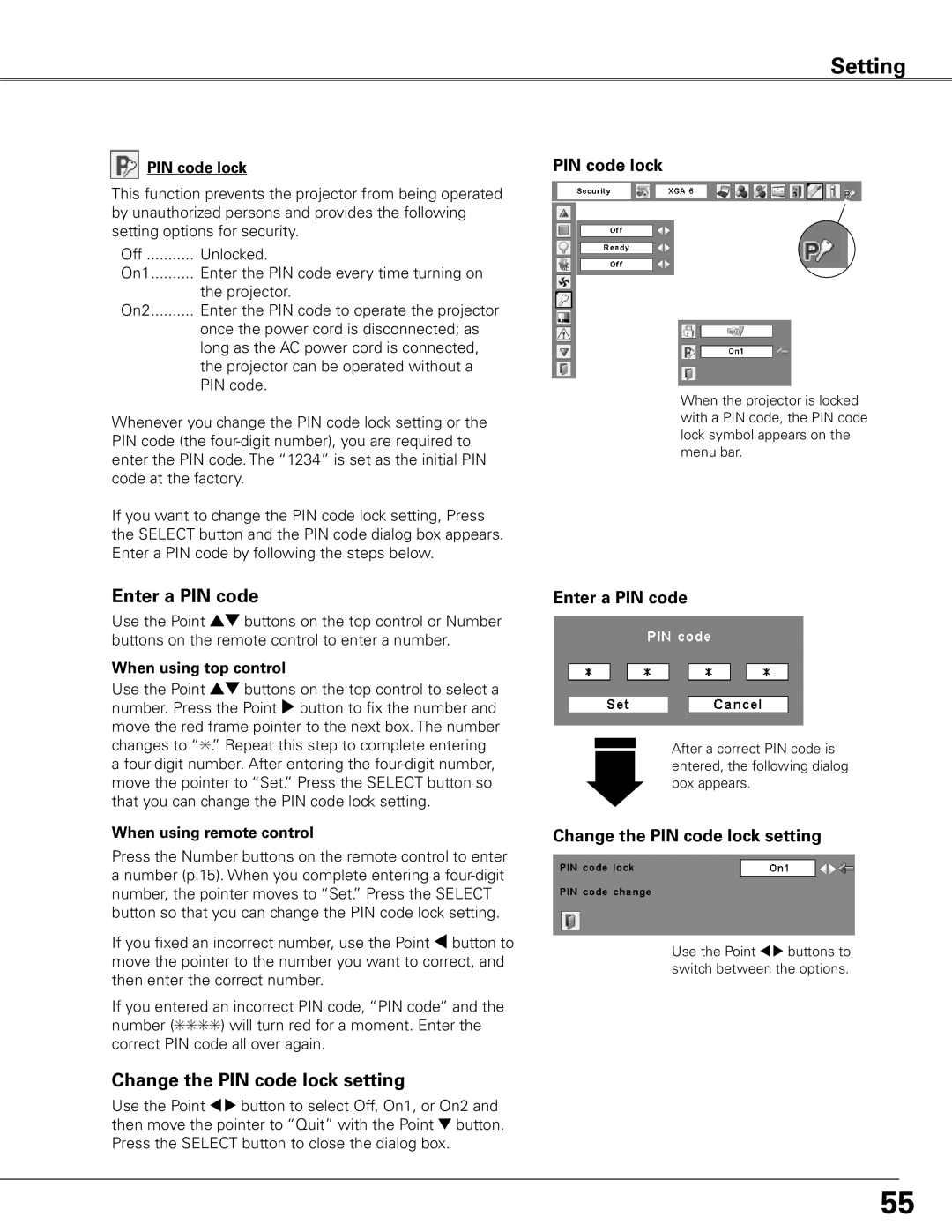 Sanyo PLC-ET30L owner manual Change the PIN code lock setting, Enter a PIN code, Change the PIN code lock setting 